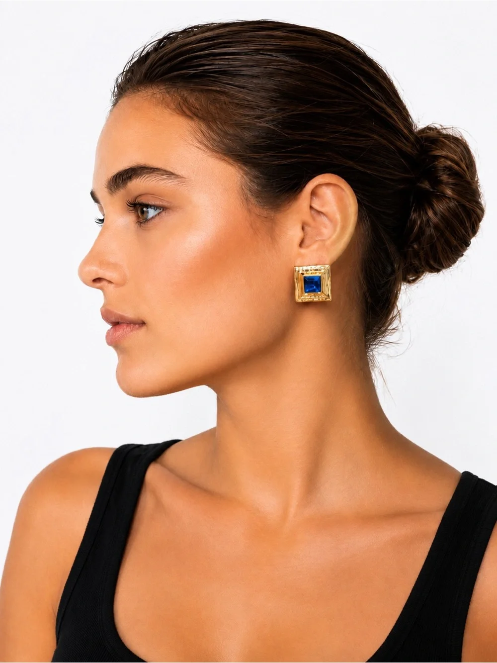 Vintage Gold Tone Blue Cabochon Statement Earrings Heavy Weight Square Studs
